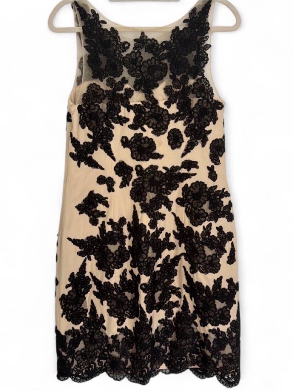 Sleeveless Beige Mini Dress with Black Floral Lace